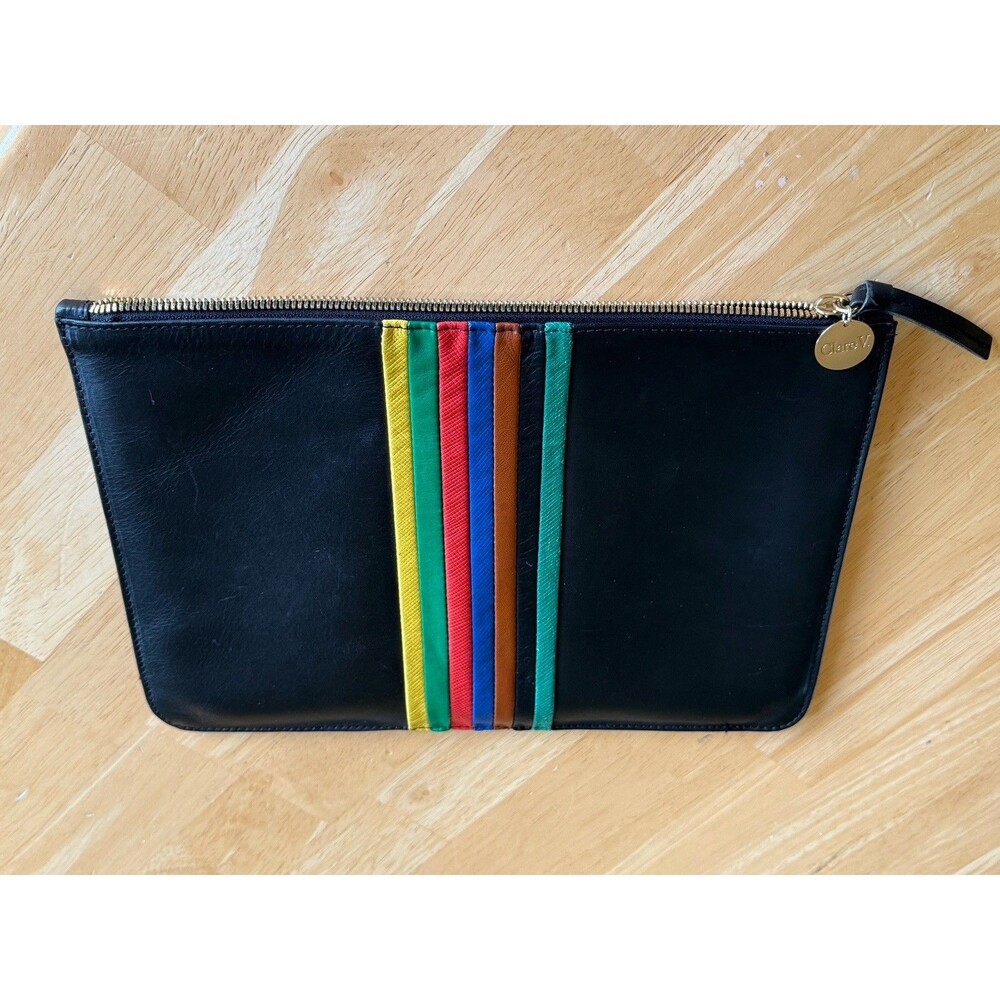 Clare V Flat Clutch  - Black With Multi Color Stripe  - Excellent Condition!